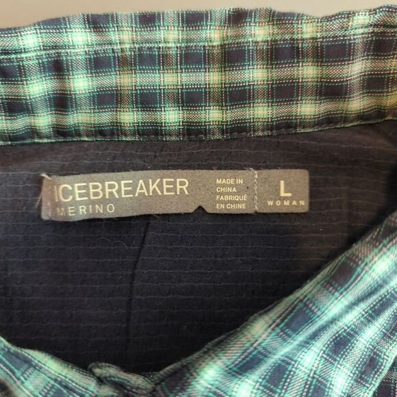 Icebreaker Terra Buttton Up Shirt Womens Large Green Plaid Merino Wool Vented - Picture 5 of 8
